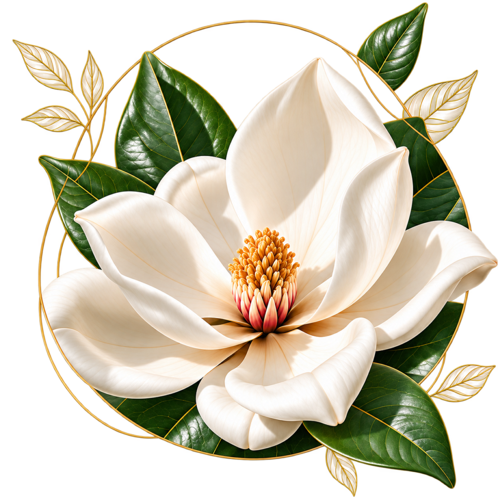 hite magnolia flower with green leaves and gold accents inside a thin gold circular frame with delicate gold leaf illustrations.