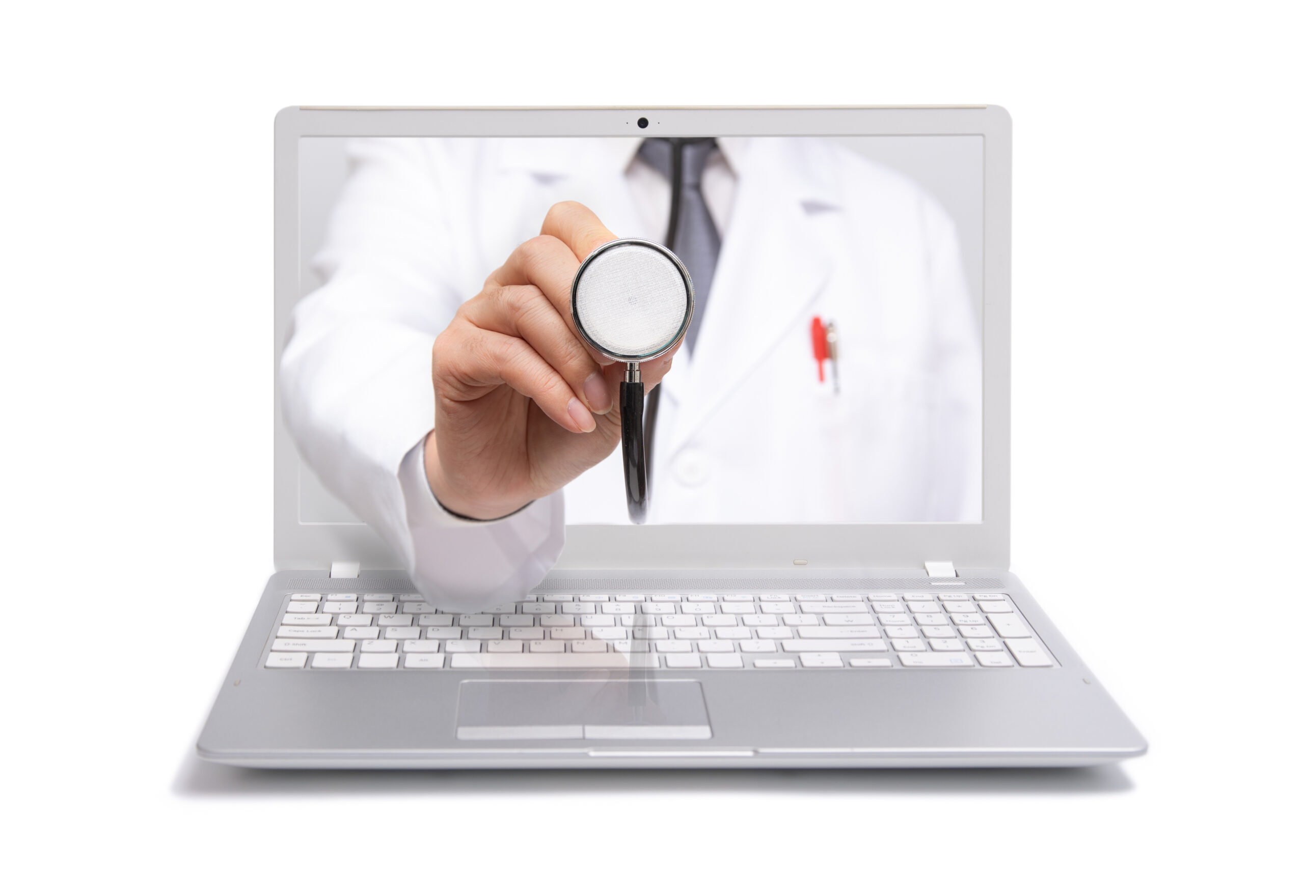 Medical provider in a white coat extends a stethoscope through a laptop screen during a Florida telehealth consultation