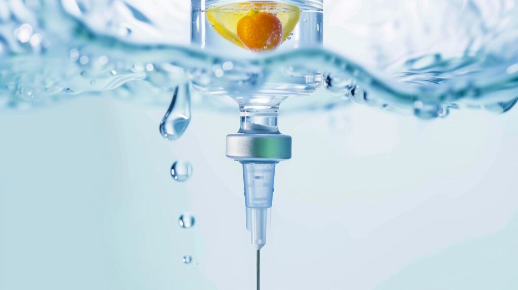 Close-up of an IV therapy bottle nozzle underwater with a slice of orange floating above, and a syringe-like dropper beneath it.