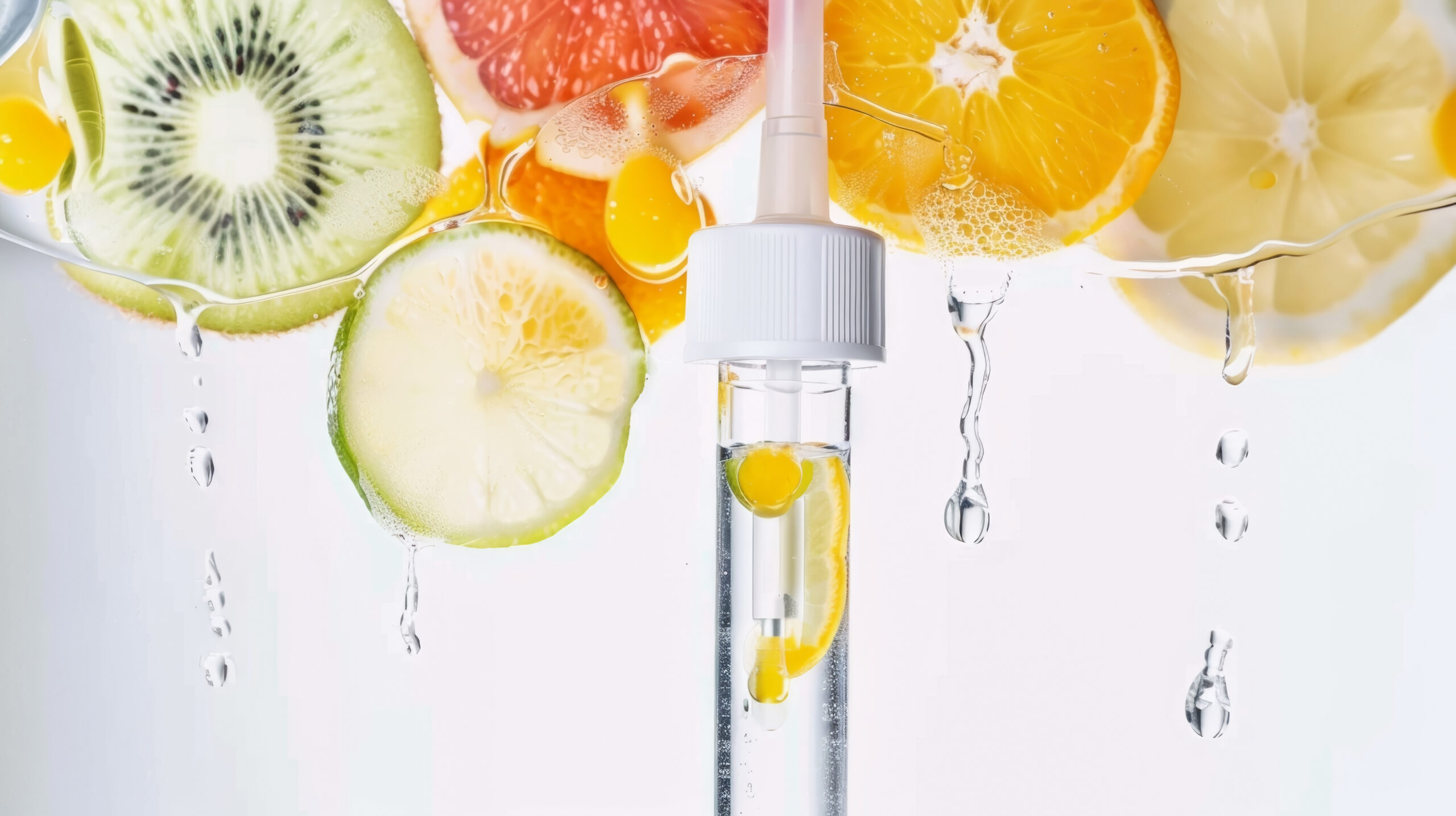 Various citrus fruit slices including kiwi, grapefruit, orange, and lime, with a white dropper bottle in the center representing vitamin injection nutrients.