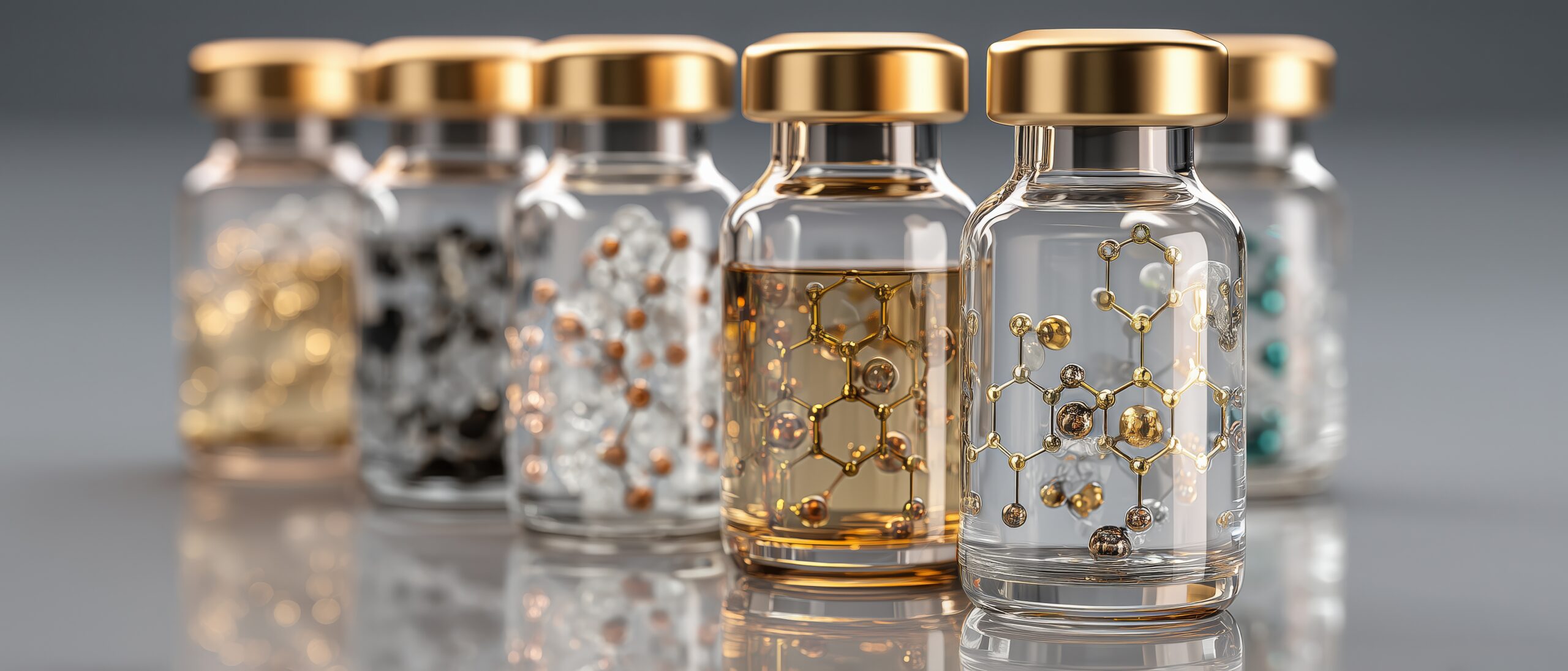 Elegant glass peptide therapy vials with gold caps and molecular details, representing personalized wellness and peptide treatments.